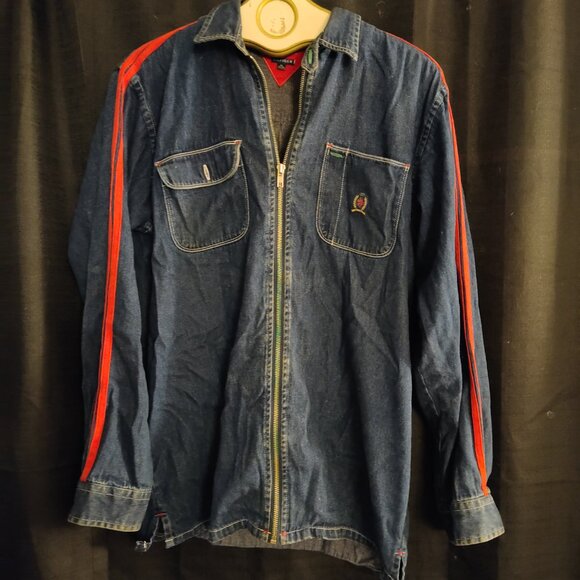Tommy Hilfiger Vintage Mens XL Crew Denim Spell Out Logo Flag Jacket Jean Shirt - Picture 2 of 7